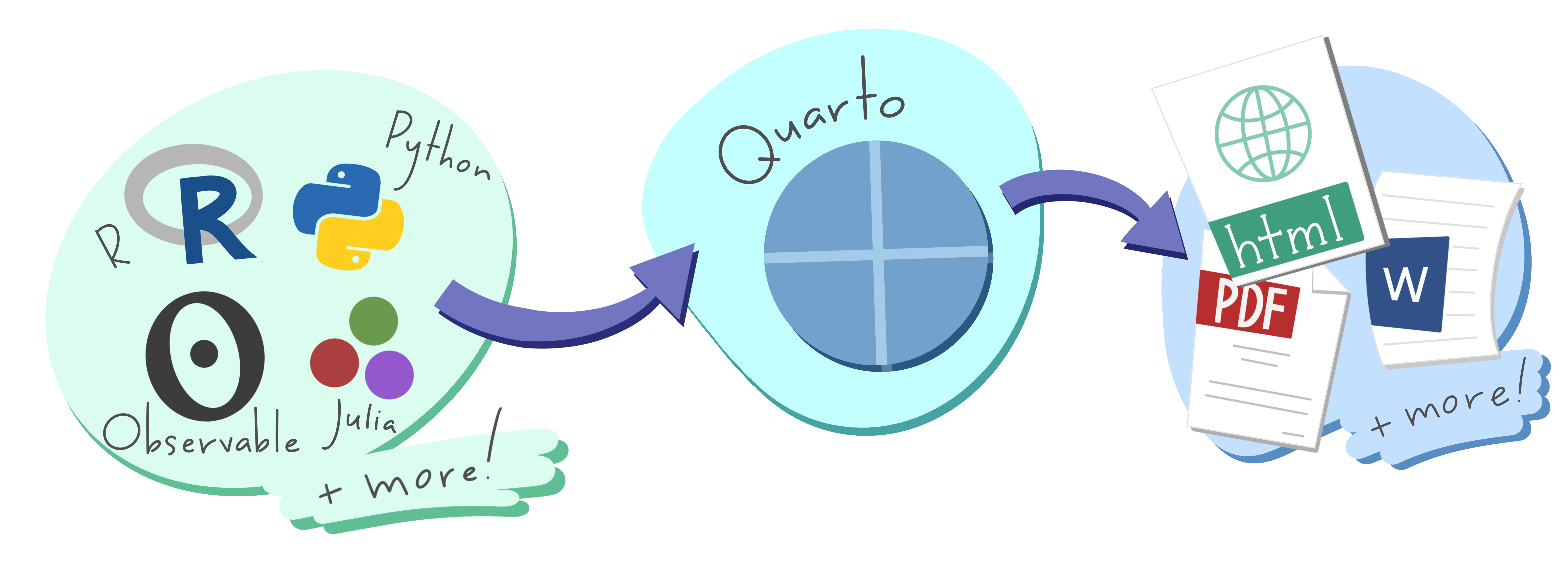 A diagram of the R, Python, Julia, Observable icons passed into Quarto to generate HTML, PDF, Word, and more!