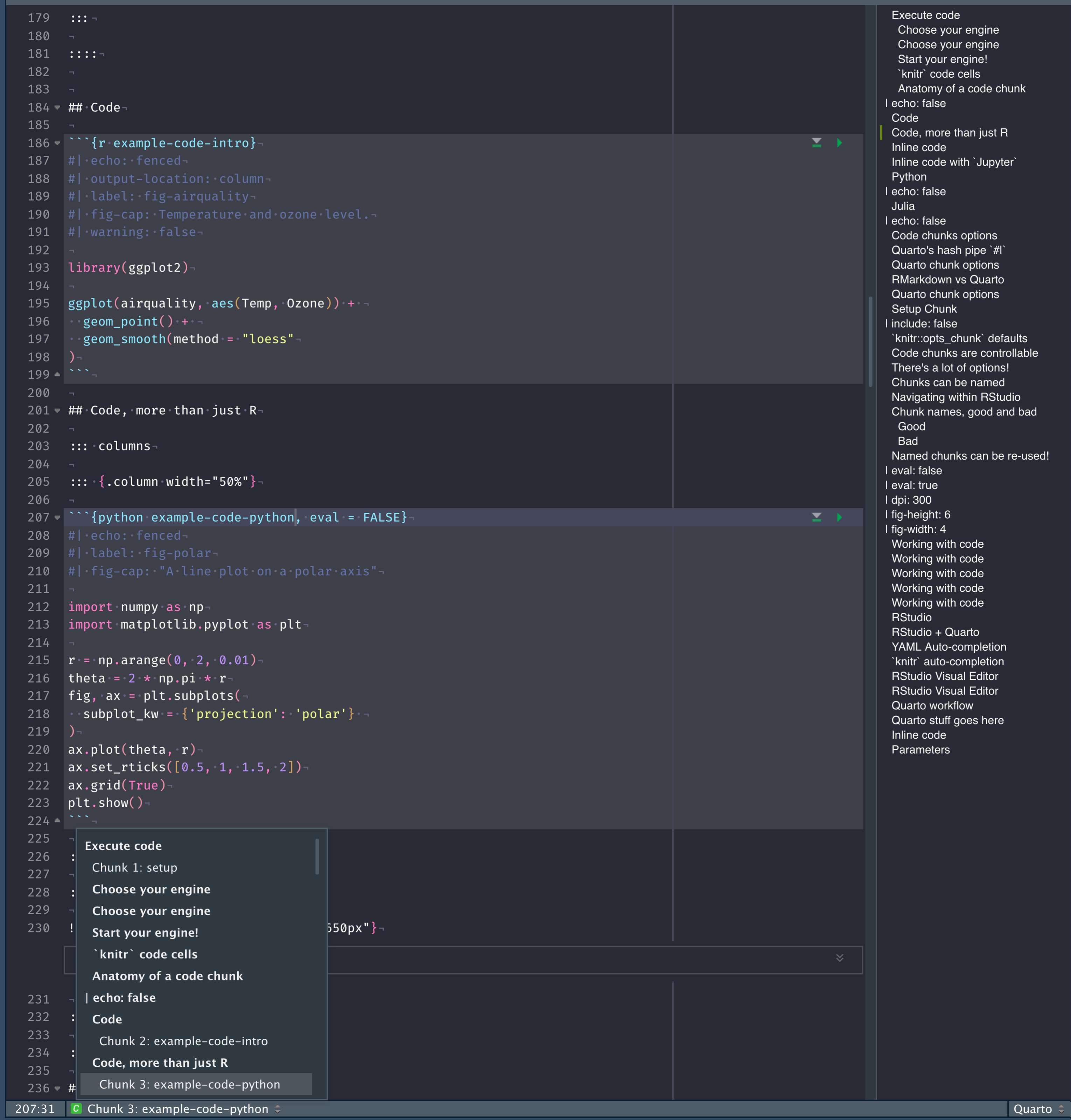 A screenshot of a RMarkdown document inside RStudio. The screenshot highlights the automatically generated document outline for each chunk name.
