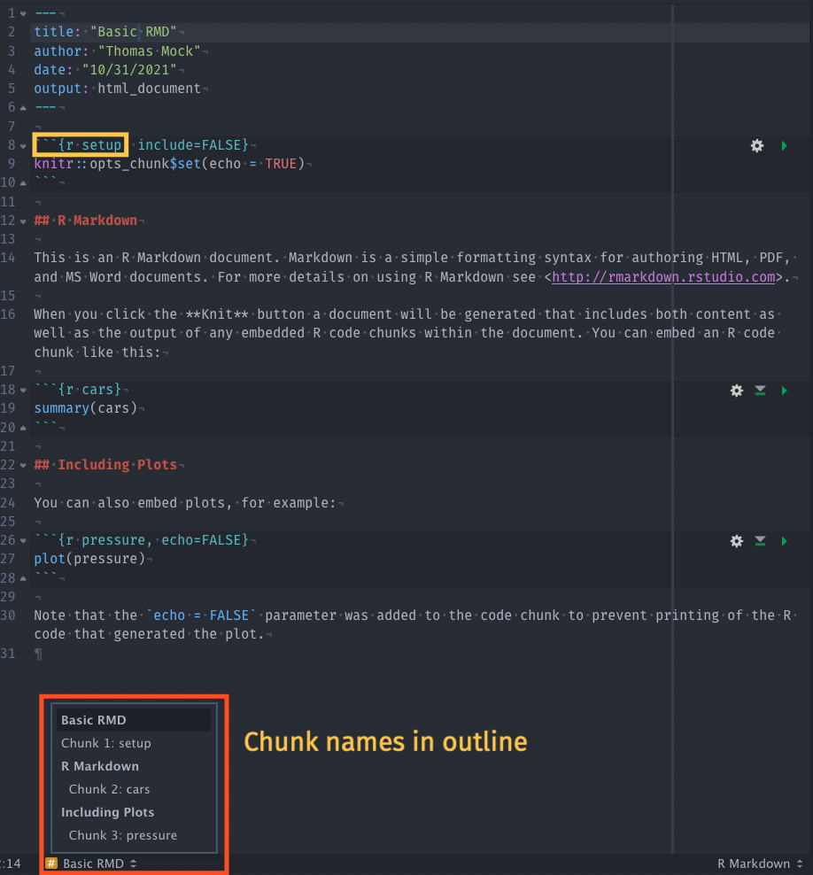 A screenshot of a RMarkdown document inside RStudio. The screenshot highlights the automatically generated document outline for each chunk name.