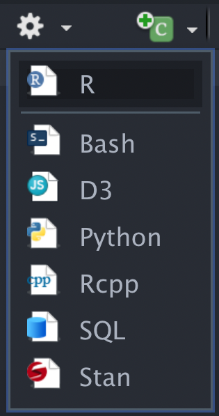 Screenshot of the Insert code chunk menu in RStudio