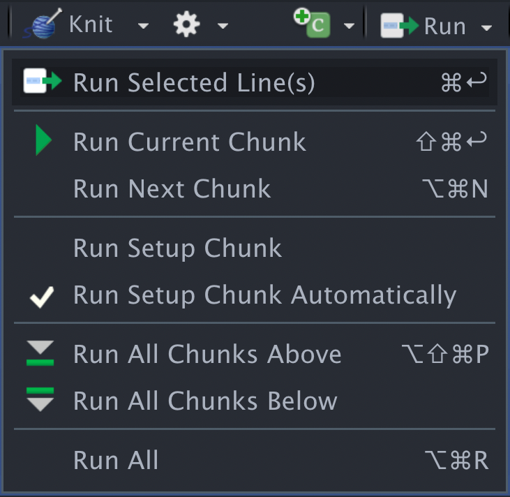 Screenshot of the Run Rmarkdown menu in RStudio