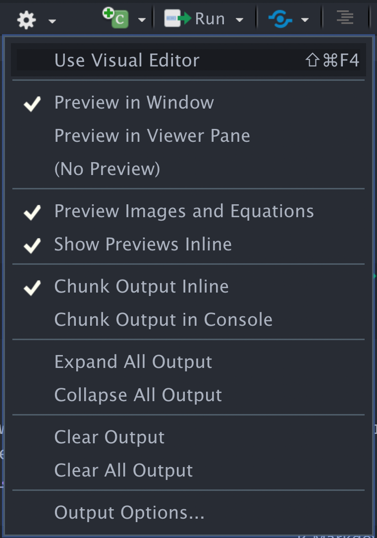 Screenshot of the RMarkdown settings options in RStudio